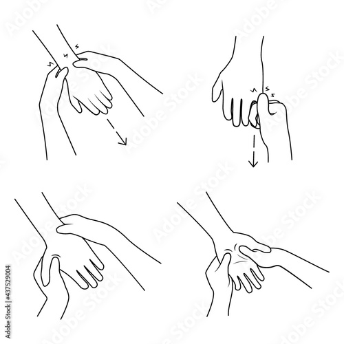 Massage. Yumeiho therapy line set. Instructions for performing massage techniques, kneading and mobilizing the joints of the palm. Simple vector illustration for physical therapy guidelines, websites.