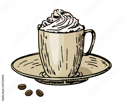 Viennese coffee. Coffee with cream in a cup and coffee beans. Caffe latte whipped cream cap