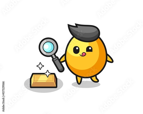 golden egg character is checking the authenticity of the gold bullion