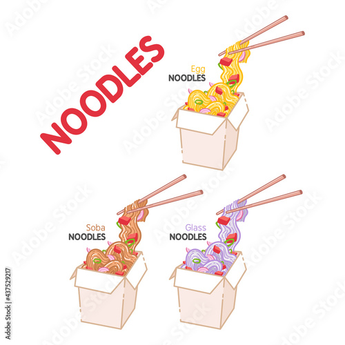 Wok with vegetables and soba, egg and fensi noodles. Traditional asian food. Chinese, Japanese cuisine. Fast food takeout in a box. Minimalistic flat design. Isolated clipart set on white background.