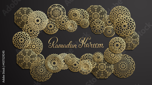 Ramadan Kareem Gold lettering. Islamic round pattern set in arabic style on black background. Vector illustration.
