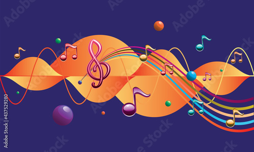 Modern colorful musical background with notes and soundwaves