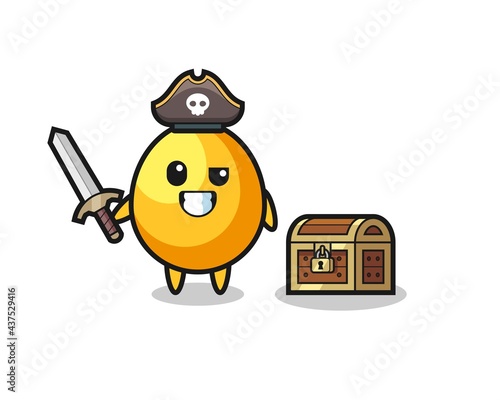 the golden egg pirate character holding sword beside a treasure box
