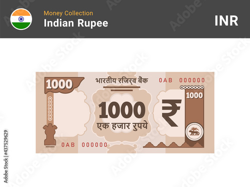 Indian rupee banknote. 1000 bill paper money. One thousand INR cash. The official currency of India. Flat style. Simple minimal design. Vector illustration.