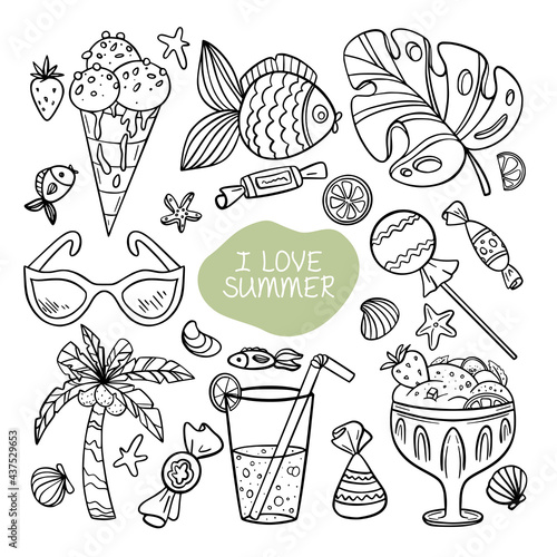 I love summer set of hand drawn drink, palm, ice cream, sunglasses, fruits, candies, tropical leaves on white background. Vector illustration collection