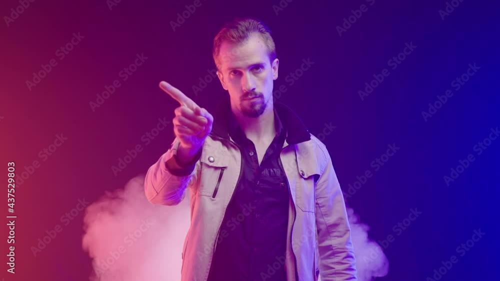 Confident man disagree with your decision waving with finger smoke blast in back Confident man disagree with your decision waving with finger smoke blast in back