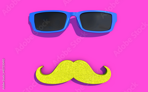 3D illustration Father's Day. Mustache and sunglasses in vibrant colors
