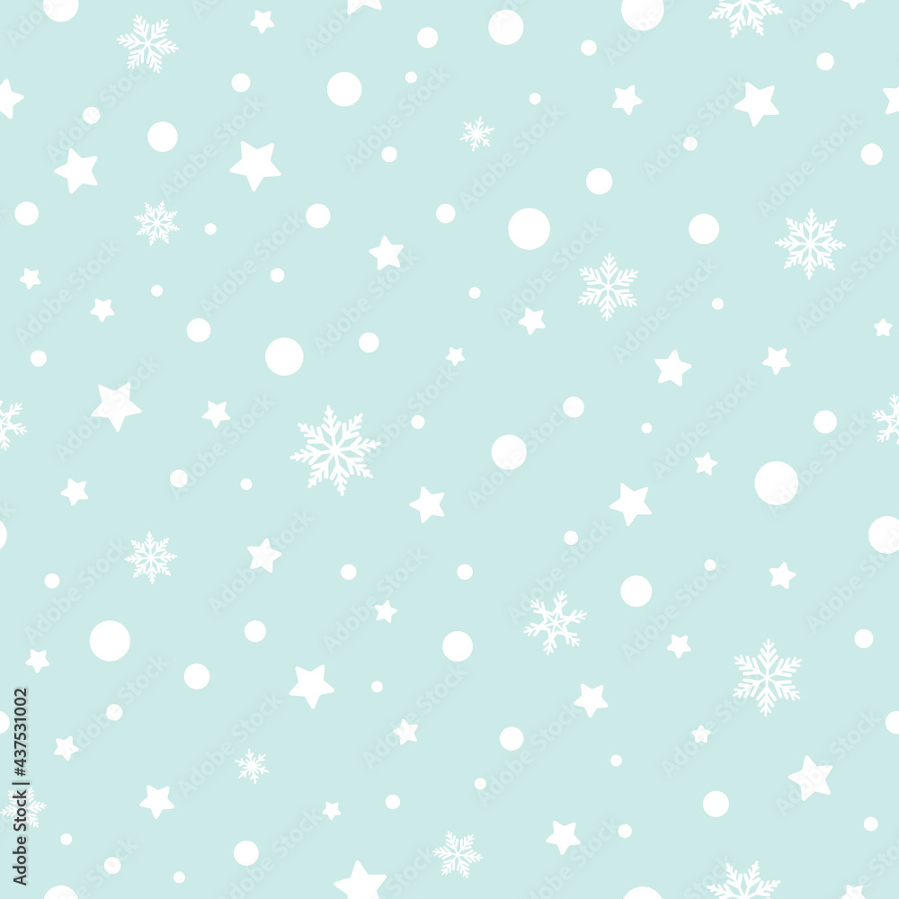 Winter seamless pattern. Sky with flat white snowflakes, dots and stars on powder blue background.