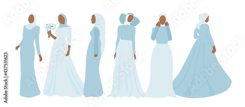 Abstract faceless portraits of women in dress and hijab. Set of beautiful muslim brides. Modern vector illustration isolated on white background