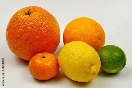 Grapefruit  orange  lemon  tangerine and lime lie on a white table