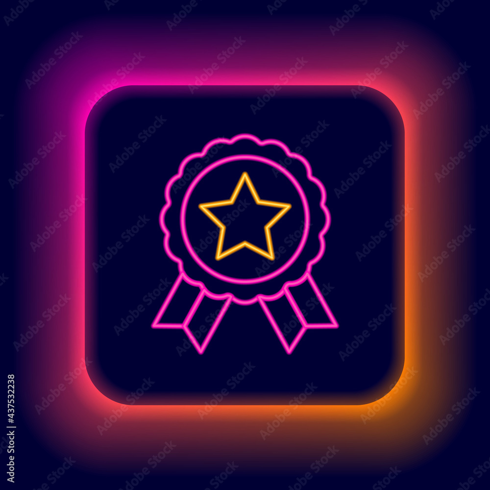 Glowing neon line Medal with star icon isolated on black background. Winner achievement sign. Award medal. Colorful outline concept. Vector Glowing neon line Medal with star icon isolated on black background. Winner achievement sign. Award medal. Colorful outline concept. Vector