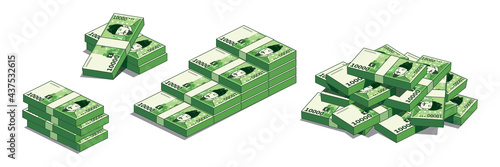 Korean currency, different types set of Bundles of paper money. South Korean 10,000 won.