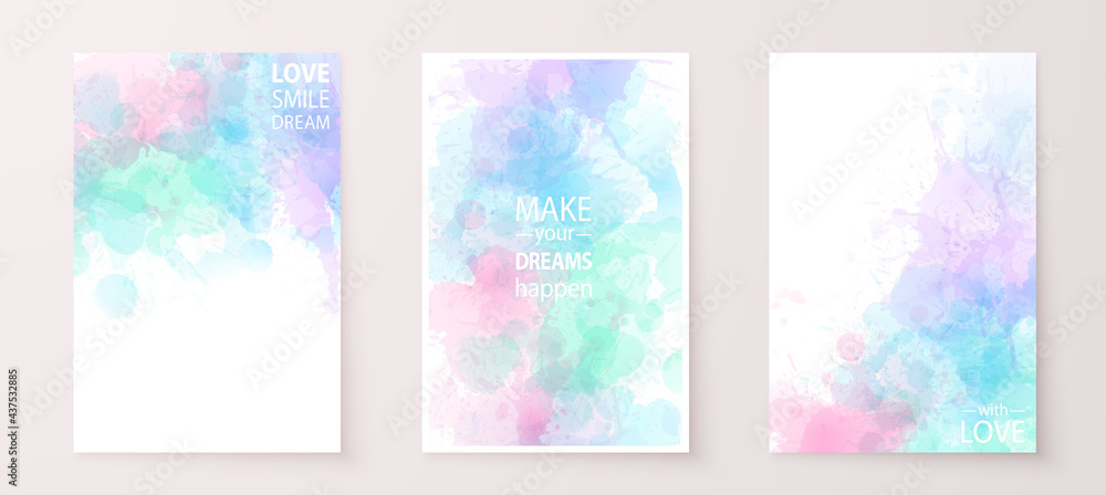 Watercolor effect vector stains. Grunge splatter backgrounds set. Paint stains. Watercolor splatter posters or greeting cards. Grunge colorful paint drops overlay.