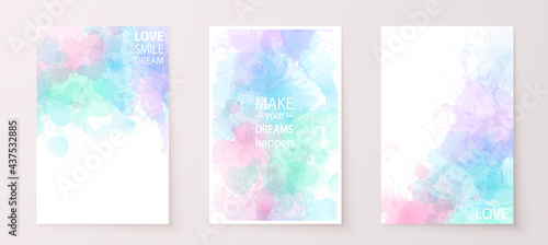 Watercolor effect vector stains. Grunge splatter backgrounds set. Paint stains. Watercolor splatter posters or greeting cards. Grunge colorful paint drops overlay.