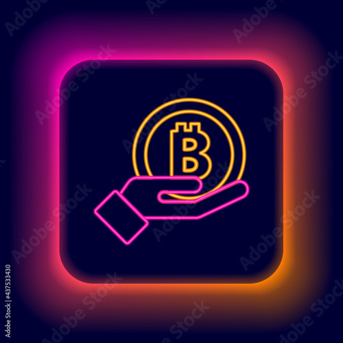Glowing neon line Hand holding Bitcoin icon isolated on black background. Blockchain technology, digital money market, cryptocoin wallet. Colorful outline concept. Vector