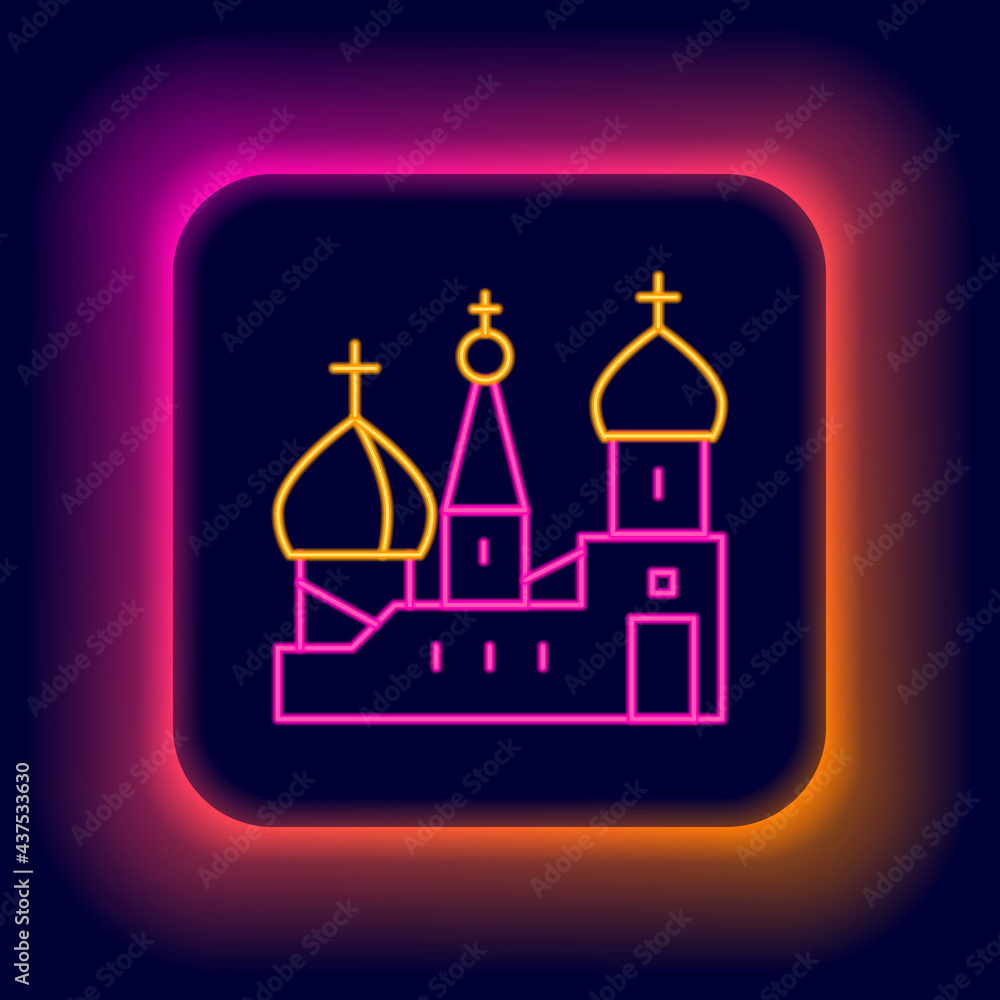 Glowing neon line Moscow symbol - Saint Basil's Cathedral, Russia icon isolated on black background. Colorful outline concept. Vector Glowing neon line Moscow symbol - Saint Basil's Cathedral, Russia icon isolated on black background. Colorful outline concept. Vector