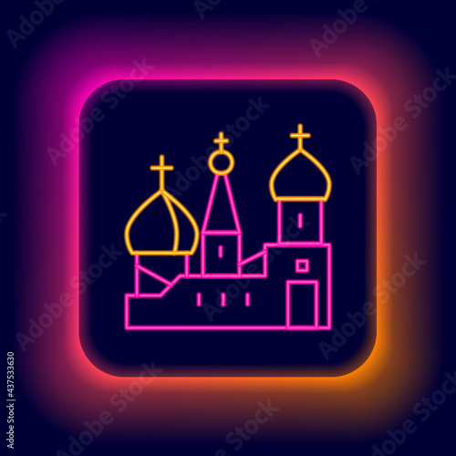 Glowing neon line Moscow symbol - Saint Basil's Cathedral, Russia icon isolated on black background. Colorful outline concept. Vector