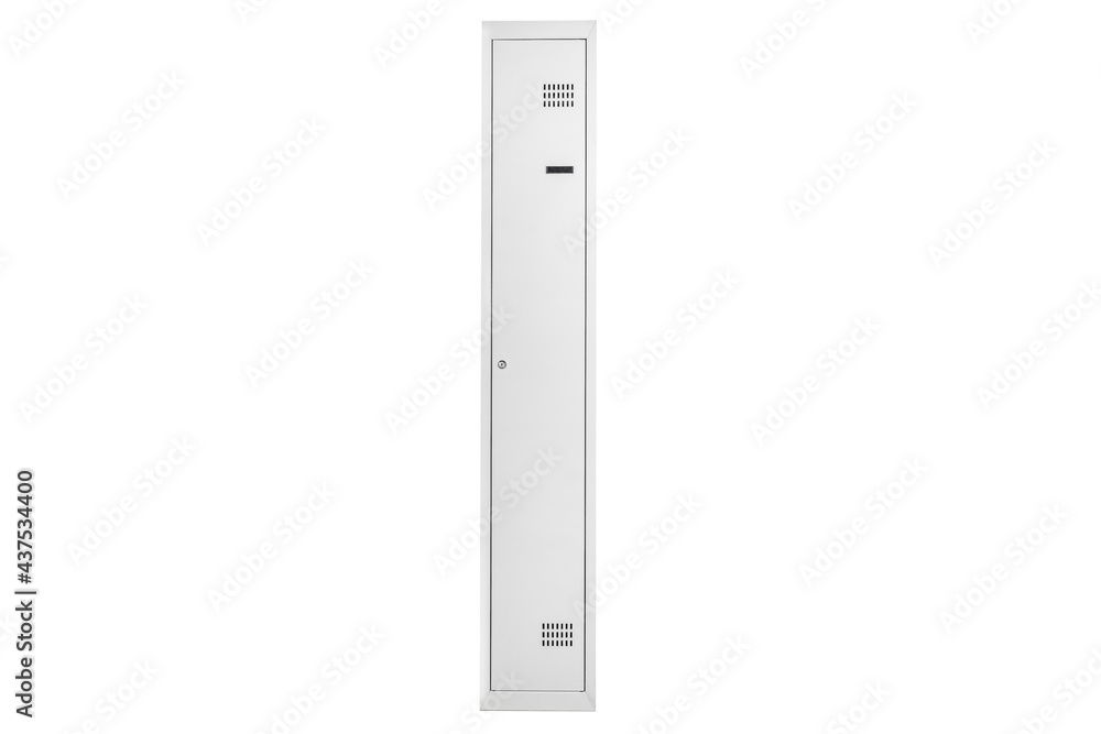 White lockers with silver numbers in bright interior. Change room metal box row White lockers with silver numbers in bright interior. Change room metal box row