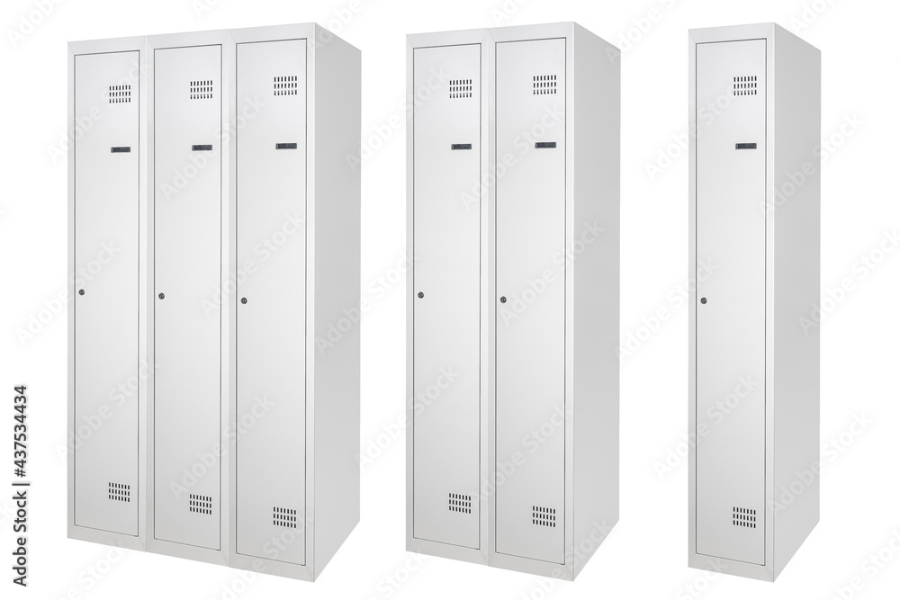 Naklejka premium White lockers with silver numbers in bright interior. Change room metal box row