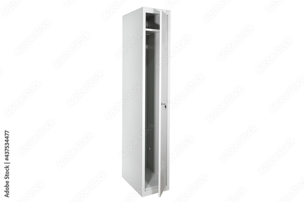 White lockers with silver numbers in bright interior. Change room metal box row