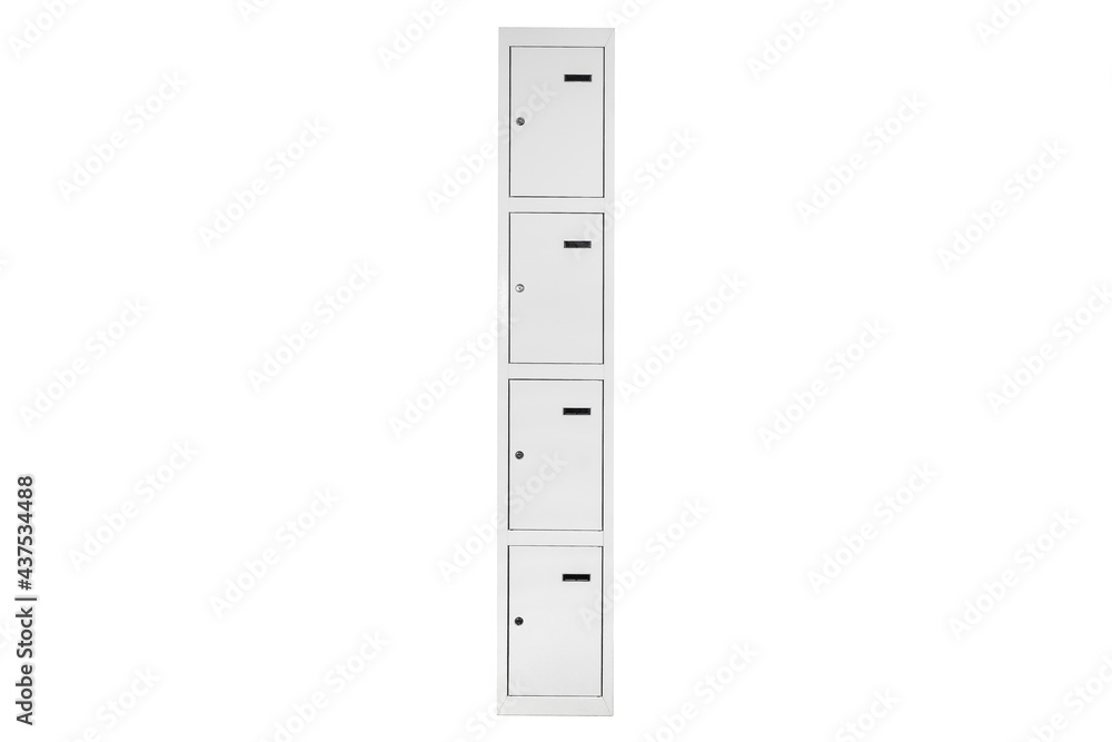 White lockers with silver numbers in bright interior. Change room metal box row White lockers with silver numbers in bright interior. Change room metal box row