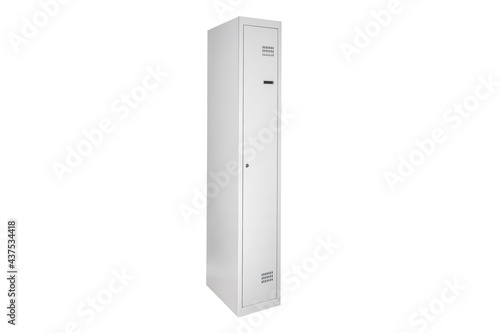 White lockers with silver numbers in bright interior. Change room metal box row