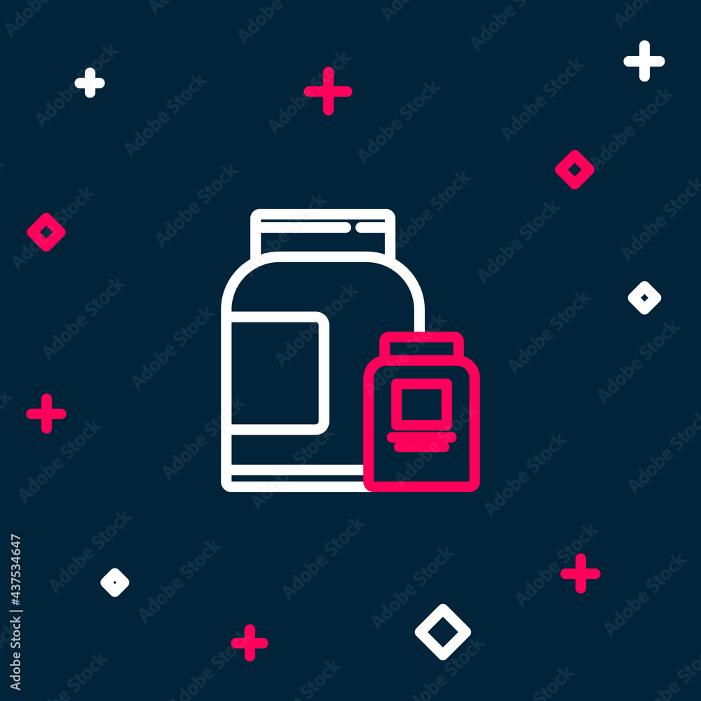 Line Sports nutrition bodybuilding proteine power drink and food icon isolated on blue background. Colorful outline concept. Vector Line Sports nutrition bodybuilding proteine power drink and food icon isolated on blue background. Colorful outline concept. Vector