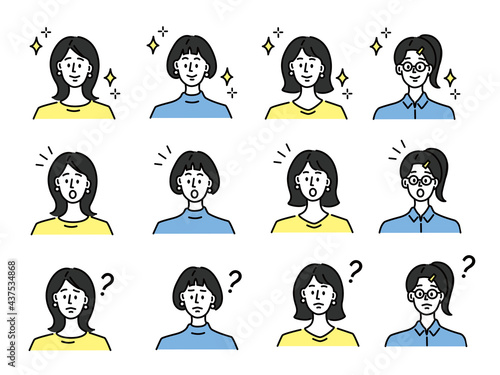 女性の表情、顔パターンのイラスト(ビジネスシーン、注目、疑問、、はてな、笑顔、ピースサイン、やる気、驚く、悩む、お買い得) Illustration of women,business scenes, attention, guts pose, smile, peace sign, motivation, surprise, worry, bargain