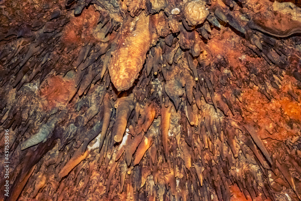 Many spike-shaped conical stalactites on the ceiling inside Damlatas ...