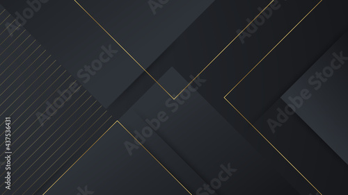 Black abstract background with golden lines. Black gold background overlap dimension abstract geometric modern. Elegant navy black gold background with overlap layer. Suit for business and corporate
