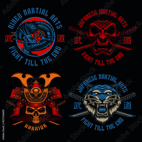 A set of colorful Samurai-themed badges, these illustrations can be used as shirt prints, translation of Japanese characters in the file layer name