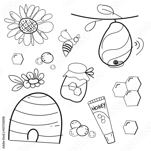 A set of propolis and honey. Honeycombs bee hives and honey products. Vector illustration isolated on white background.