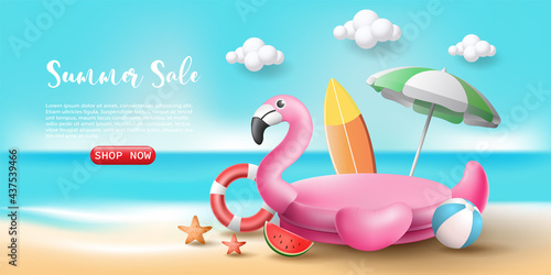 Flamingo product stand, banner design for a product displayed with a beach background. © Sunset Paper's