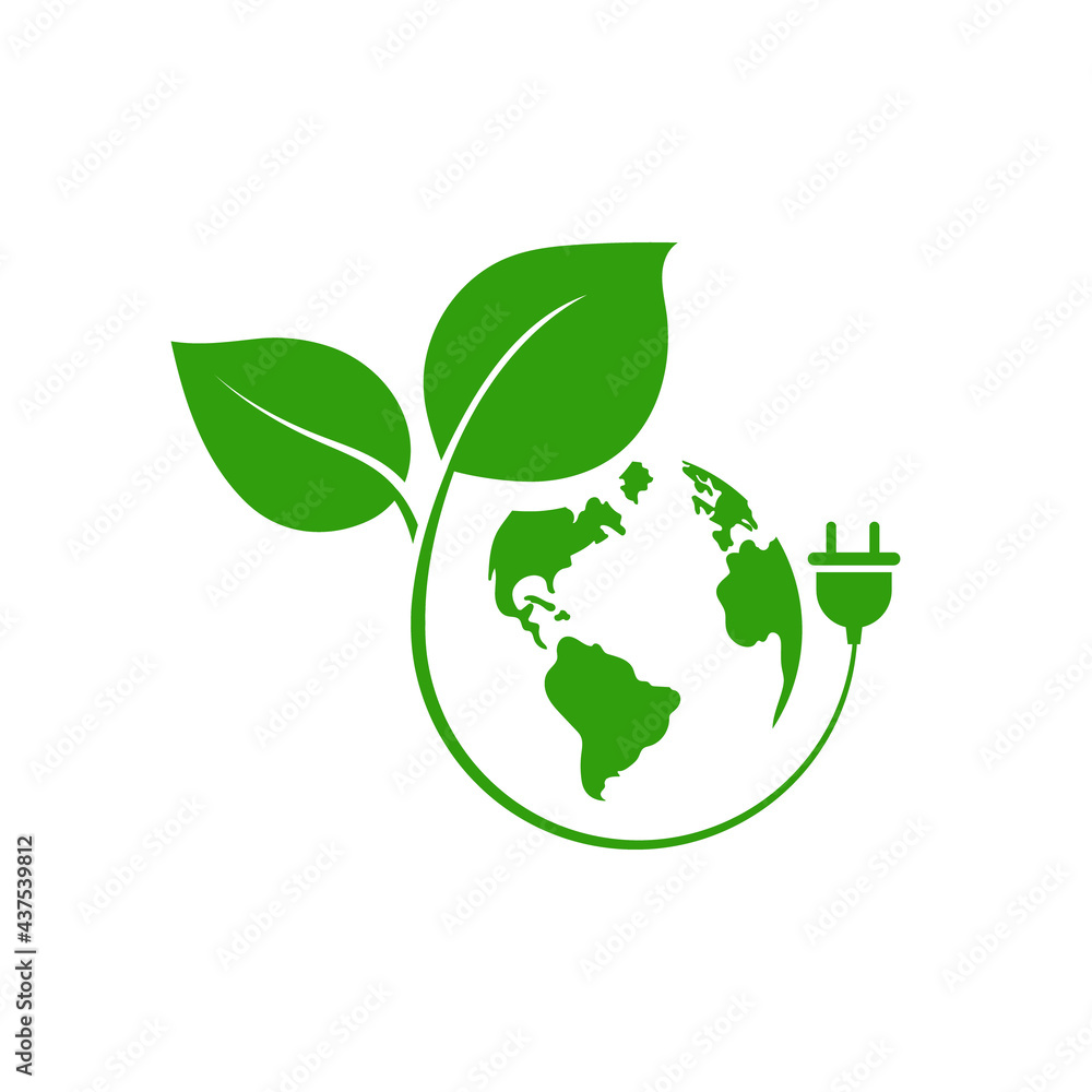 Planet with green leaf and power socket. Eco sign design. Vector illustration. Planet with green leaf and power socket. Eco sign design. Vector illustration.