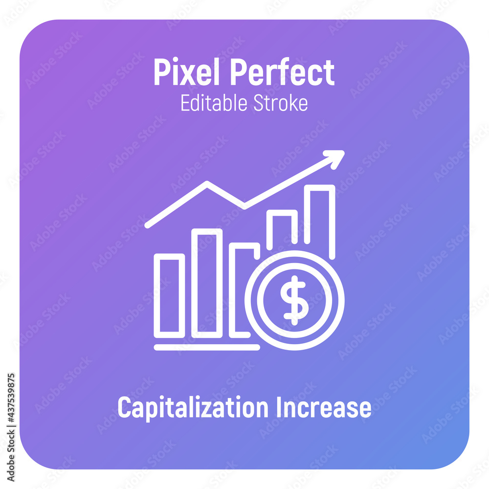 Capitalization increase thin line icon. Graph of growth with dollar sign. Dividends. Pixel perfect, editable stroke. Vector illustration.