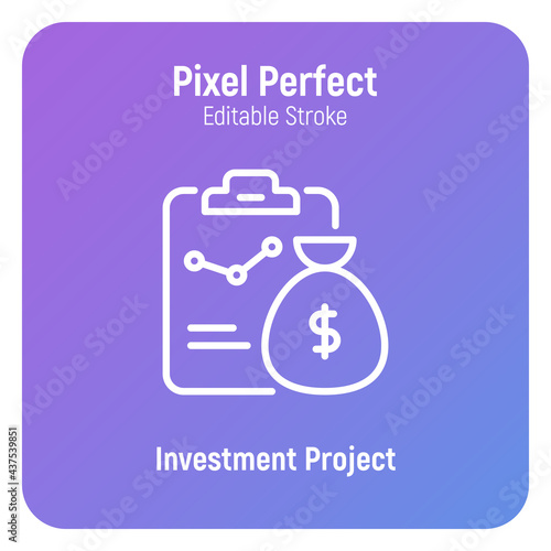 Investment project thin line icon. Graph of growth on clipboard and bag of gold. Pixel perfect, editable stroke. Vector illustration.
