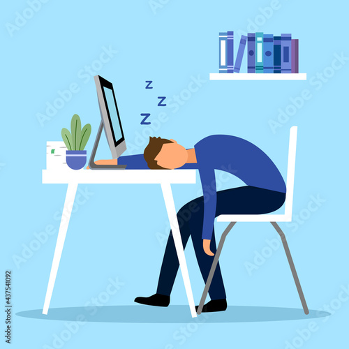 Company staff sleeping at work in flat design. Tired overworked employee sleeping in office. Businessman burnout.