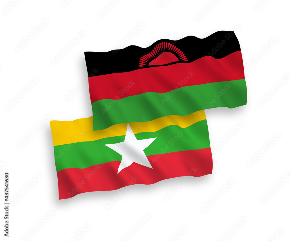 Naklejka premium Flags of Malawi and Myanmar on a white background