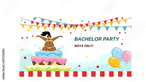 Fun dance, a girl in a swimsuit jumps out of a cake at a party.