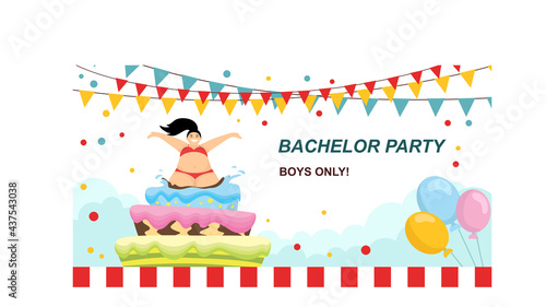 Body-positive woman popping out of a huge cake at a bachelor party. Cartoon style, vector
