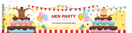Banner invitation to a bachelorette party. Beautiful men dancing in big cakes. Cartoon style, vector