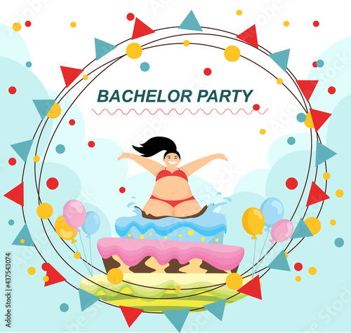 A girl jumps out of a big cake. Frame made of flags. Postcard invitation to the party. Cartoon style, vector. 