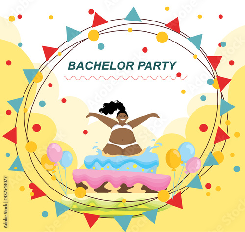 Holiday invitation card with a girl jumping out of a giant cake. Vector, cartoon style.