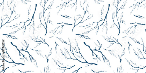 Fototapeta Naklejka Na Ścianę i Meble -  Seamless pattern with illustrations of blue branches, leaves. Texture isolated on white background. Can be used for wallpaper, pattern fills, web page background, surface textures.