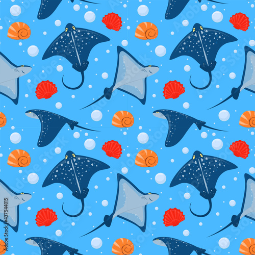 marine vector pattern with stingrays and seashells on a blue background