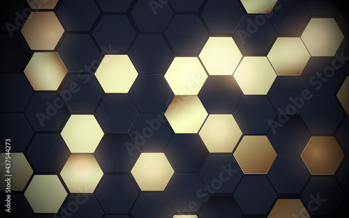 Fototapeta Naklejka Na Ścianę i Meble -  Abstract black and glowing gold hexagon pattern with futuristic technology digital hi-tech background. Luxury concept. Vector illustration