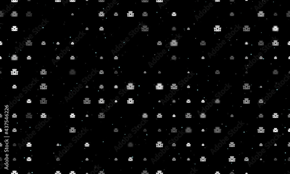 Seamless background pattern of evenly spaced white castle symbols of different sizes and opacity. Vector illustration on black background with stars