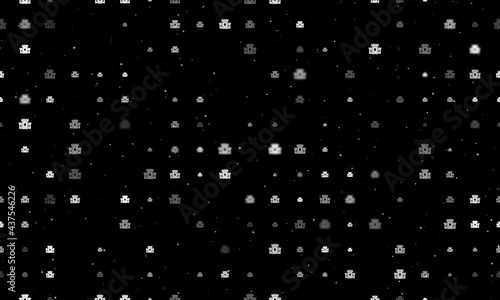 Seamless background pattern of evenly spaced white castle symbols of different sizes and opacity. Vector illustration on black background with stars