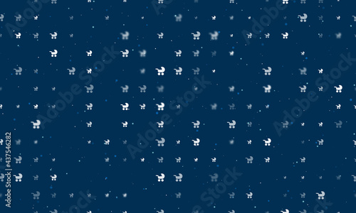 Seamless background pattern of evenly spaced white baby carriage symbols of different sizes and opacity. Vector illustration on dark blue background with stars