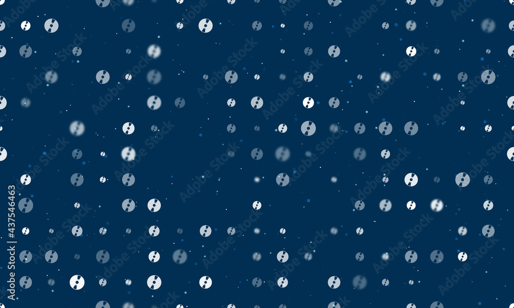 Seamless background pattern of evenly spaced white cd symbols of different sizes and opacity. Vector illustration on dark blue background with stars